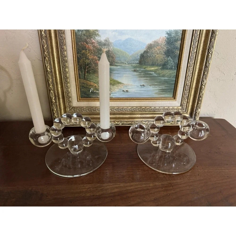 Bubble Glass Candle Holders Set of 2 Clear Pressed Glass MCM Style